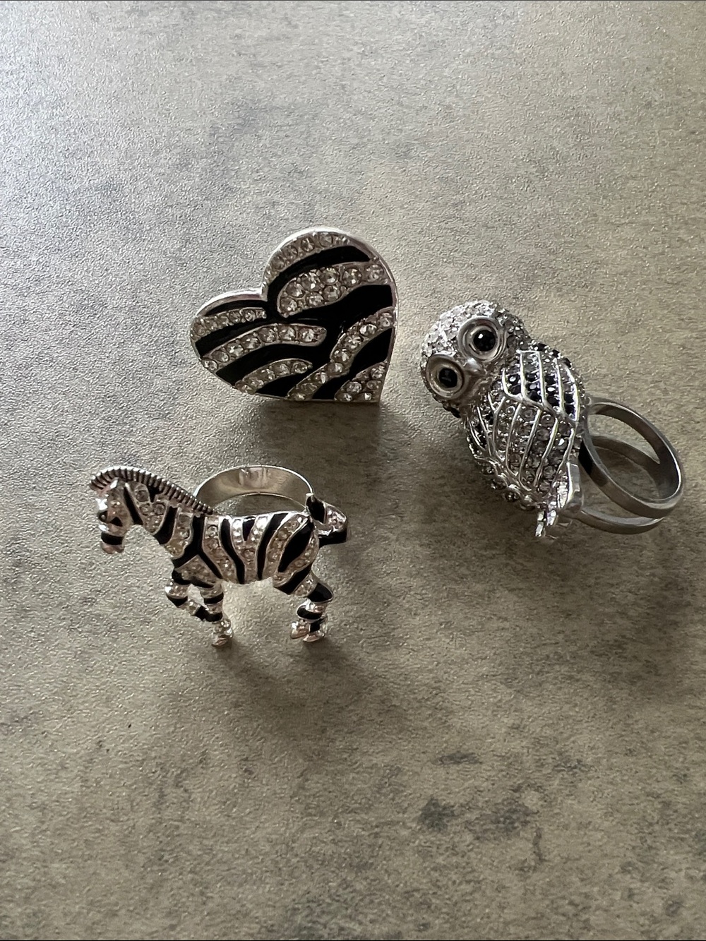 Silver covered Zebra, Heart & Owl Fashion Ring Set - Silver colored